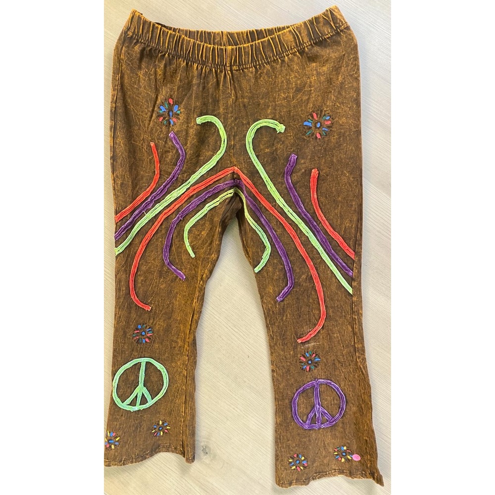 Rising International Acid Wash Peace Sign Applique Boho Women XL Flared Pants